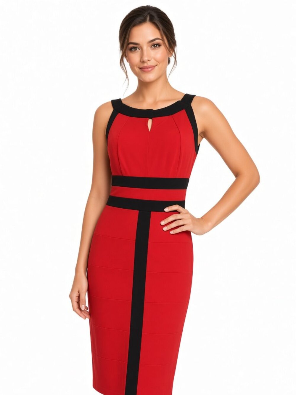 Red Black Colorblock Sleeveless Midi Sheath Dress Keyhole Neckline Pencil